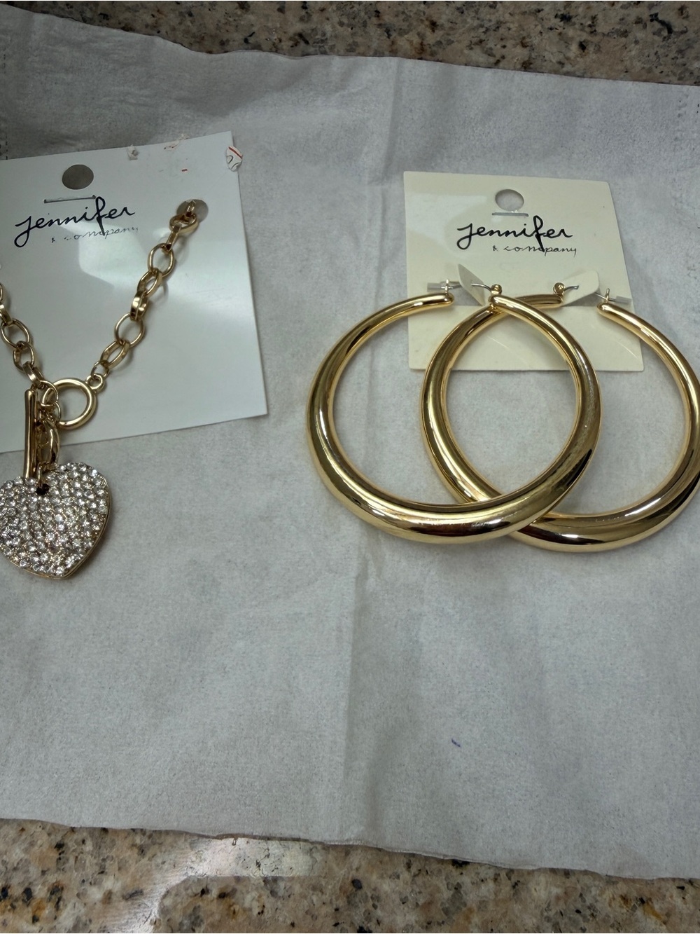 Gold Tone Hoop Earrings and Crystal Heart Charm Necklace